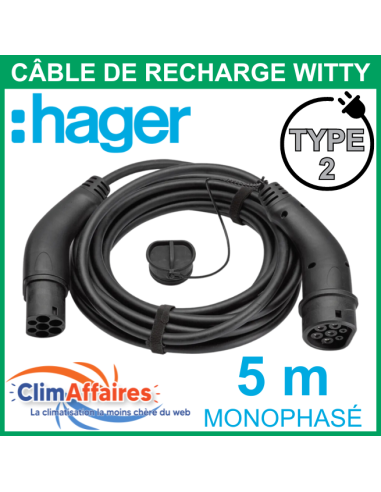 Câble de recharge HAGER pour voiture électrique - Type 2 / Mode 3 / 32 A / Monophasé / 5 mètres - XEVA713