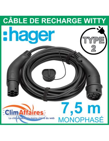 Câble de recharge HAGER pour voiture électrique - Type 2 / Mode 3 / 32 A / Monophasé / 7.5 mètres - XEVA714