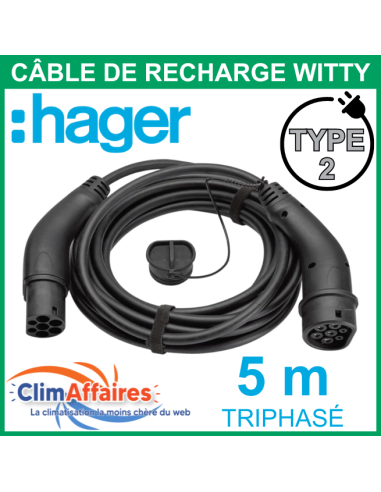 Câble de recharge HAGER pour voiture électrique - Type 2 / Mode 3 / 32 A / Triphasé / 5 mètres - XEVA733