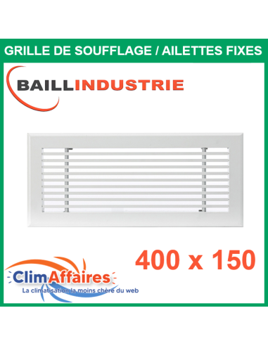 Baillindustrie - Grille de soufflage - Linéaire Ailettes Fixes - Aluminium blanc mat - 400x150 mm - GSL400X150