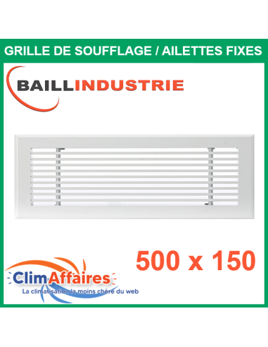 Baillindustrie - Grille de soufflage - Linéaire Ailettes Fixes - Aluminium blanc mat - 500x150 mm - GSL500X150