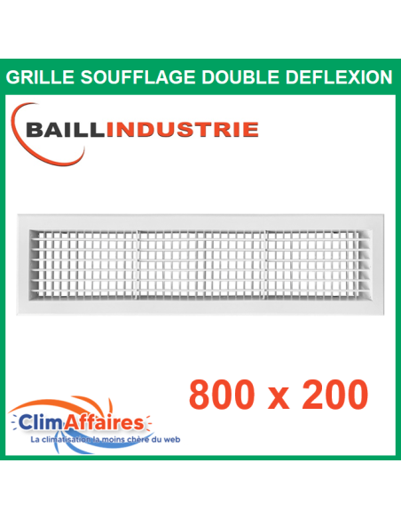 Baillindustrie - Grille de soufflage double déflexion - Aluminium blanc mat - 800x200 mm - DD800x200