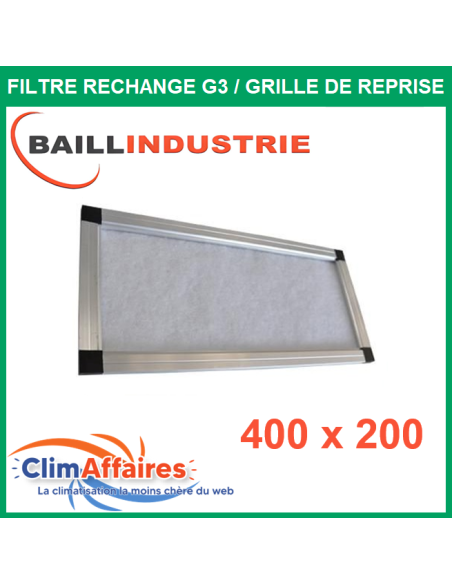 Baillindustrie - Filtre de rechange qualité G3 + cadre en aluminium pour grille de reprise 400x200 -