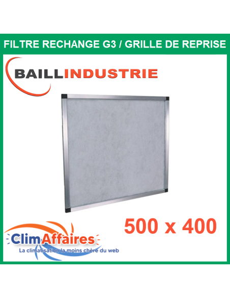 Baillindustrie - Filtre de rechange qualité G3 + cadre en aluminium pour grille de reprise 500x400 -