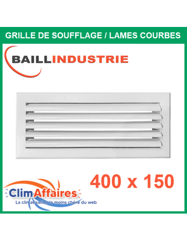 Baillindustrie - Grille de soufflage - Lames courbes à ailettes réglables - Aluminium blanc mat - 400x150 mm - LC400X150