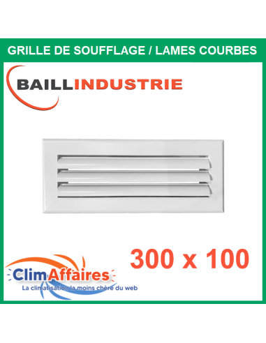 Baillindustrie - Grille de soufflage - Lames courbes à ailettes réglables - Aluminium blanc mat - 300x100 mm - LC300X100