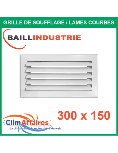 Baillindustrie - Grille de soufflage - Lames courbes à ailettes réglables - Aluminium blanc mat - 300x150 mm - LC300X150