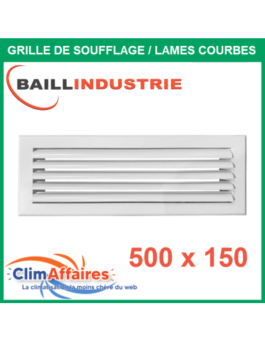 Baillindustrie - Grille de soufflage - Lames courbes à ailettes réglables - Aluminium blanc mat - 500x150 mm - LC500X150