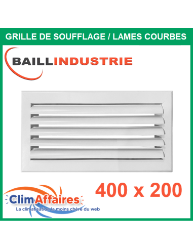 Baillindustrie - Grille de soufflage - Lames courbes à ailettes réglables - Aluminium blanc mat - 400x200 mm - LC400X200