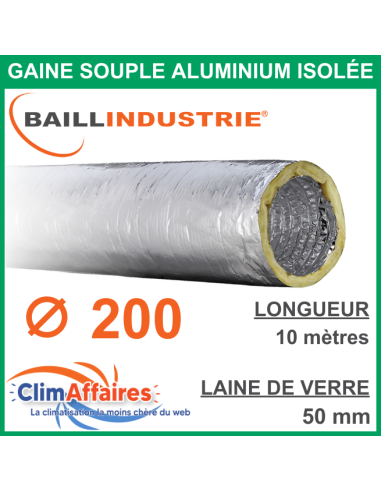 Baillindustrie - Gaine flexible gainable aluminium isolée M0/M1 - Diamètre 200 mm / Isolant 50 mm / Longueur 10 mètres