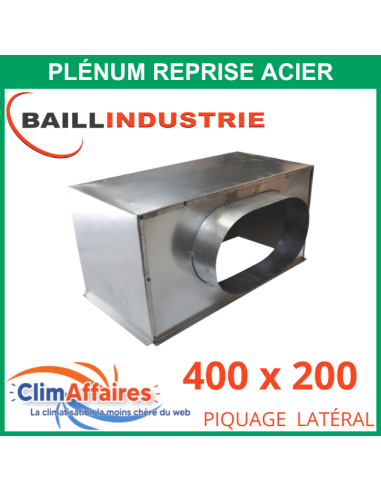 Plénum en acier piquage latéral pour grille de reprise porte filtre alu blanc PLRACI/LAT400X200