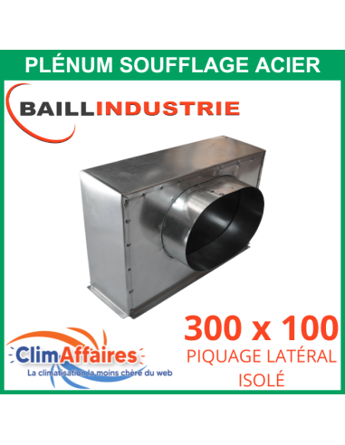 Baillindustrie - Plénum en acier piquage latéral isolé pour grille de soufflage double déflexion alu blanc - 300x100 mm