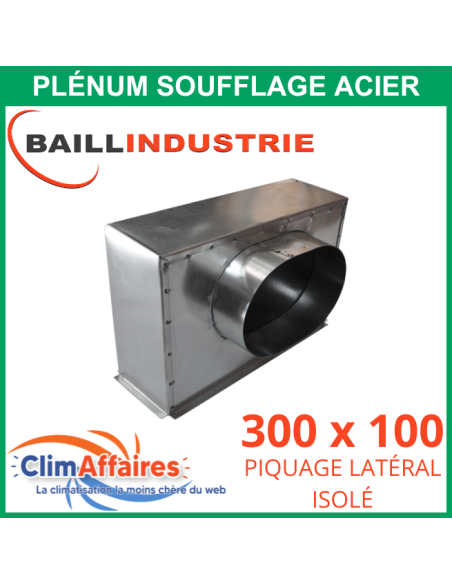 Baillindustrie - Plénum acier 300x100 mm piquage latéral isolé pour grille de soufflage - PLSACI300X