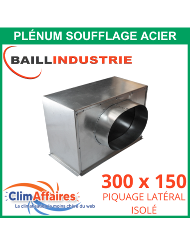 Baillindustrie - Plénum en acier piquage latéral isolé pour grille de soufflage double déflexion alu blanc - 300x150 mm