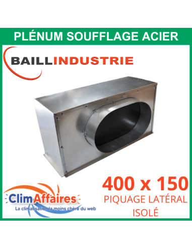 Baillindustrie - Plénum en acier piquage latéral isolé pour grille de soufflage double déflexion alu blanc - 400x150 mm