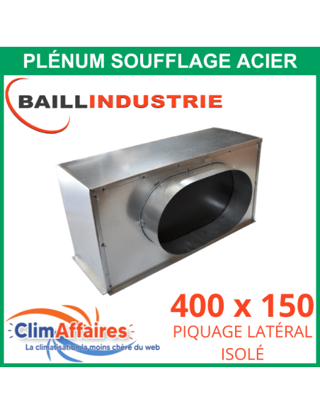 Baillindustrie - Plénum acier 400x150 mm piquage latéral isolé pour grille de soufflage - PLSACI400X