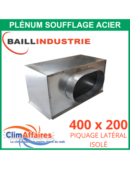 Baillindustrie - Plénum acier 400x200 mm piquage latéral isolé pour grille de soufflage - PLSACI400X