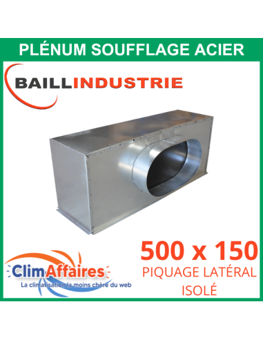 Baillindustrie - Plénum en acier piquage latéral isolé pour grille de soufflage double déflexion alu blanc - 500x150 mm