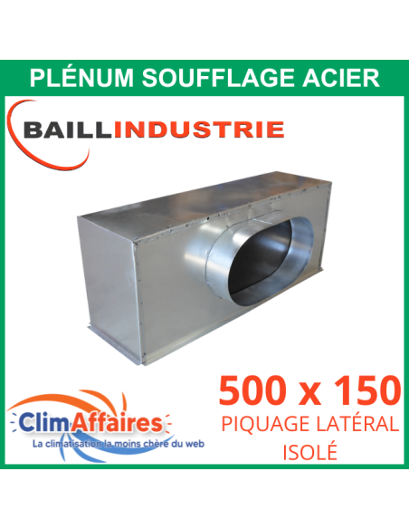 Baillindustrie - Plénum acier 500x150 mm piquage latéral isolé pour grille de soufflage - PLSACI500X