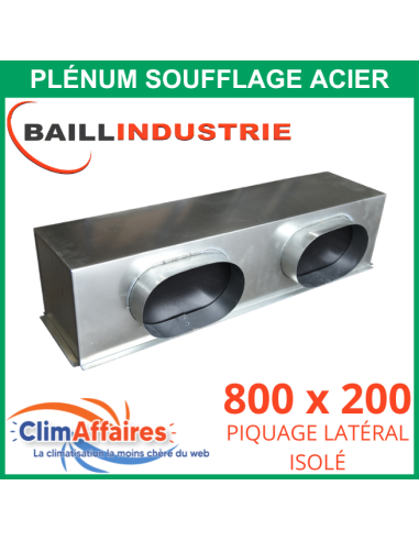 Baillindustrie - Plénum en acier piquage latéral isolé pour grille de soufflage double déflexion alu blanc - 800x200 mm