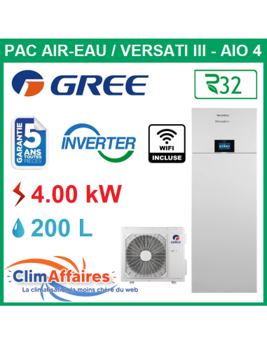 GREE - Versati lll / All In One - AIO 4 - Pompe à Chaleur Air/Eau - Bi-Bloc - Monophasé - 3IGR5151 + 3IGR5152 (4.0 kW)