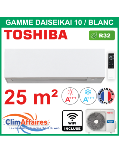 Toshiba Clim Monosplit Mural Inverter - DAISEIKAI 10 Blanc - R32 - RAS-B10S4KVPG-E + RAS-10S4AVPG-E + wifi (2.5 kW)