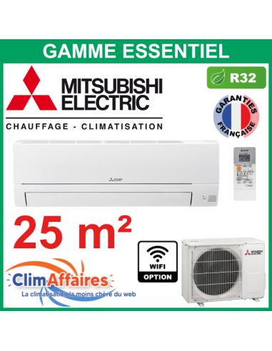 Mitsubishi Climatiseur Mural Inverter Monosplit - Gamme Essentiel - R32 - MSZ-HR25VF + MUZ-HR25VF (2.5 kW)