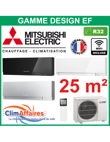 Mitsubishi Climatiseur Mural Inverter Monosplit - Gamme DESIGN - MSZ-EF25VGK + MUZ-EF25VG + WIFI (2.5 kW)