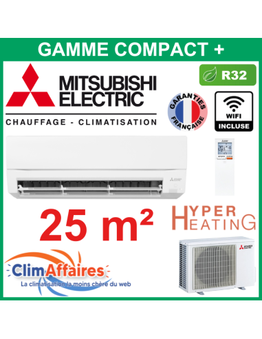 Mitsubishi Climatiseur Mural Inverter Monosplit - Gamme COMPACT  + - Hyper Heating - MSZ-FT25VGK + MUZ-FT25VGHZ + WIFI (2.5 kW)