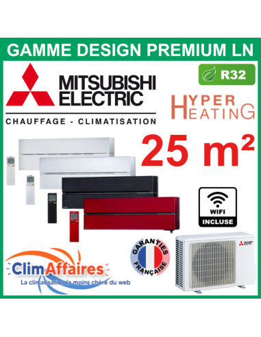 Mitsubishi Climatiseur Mural Inverter Monosplit - DESIGN PREMIUM + - Hyper Heating - MSZ-LN25VG2 + MUZ-LN25VGHZ2 + WIFI (2.5 kW)