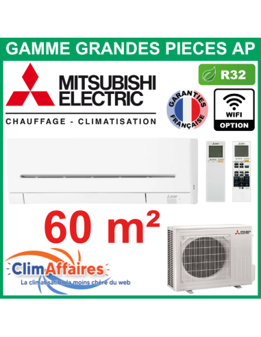 Mitsubishi Monosplit Climatiseur Mural Inverter Grandes Pièces - R32 - MSZ-AP60VG + MUZ-AP60VG (6.0 kW)