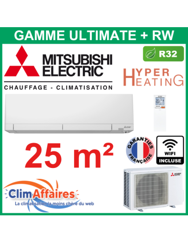 Mitsubishi Climatiseur Mural Inverter Monosplit - Gamme Ultimate+ - Hyper Heating - MSZ-RW25VG + MUZ-RW25VGHZ + WIFI (2.5 kW)