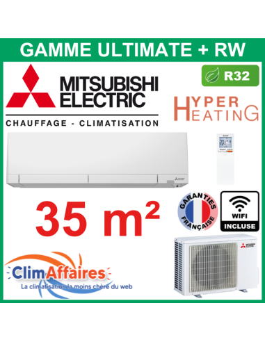 Mitsubishi Climatiseur Mural Inverter Monosplit - Gamme Ultimate+ - Hyper Heating - MSZ-RW35VG + MUZ-RW35VGHZ + WIFI (3.5 kW)