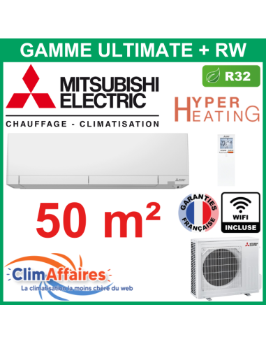 Mitsubishi Climatiseur Mural Inverter Monosplit - Gamme Ultimate+ - Hyper Heating - MSZ-RW50VG + MUZ-RW50VGHZ + WIFI (5.0 kW)