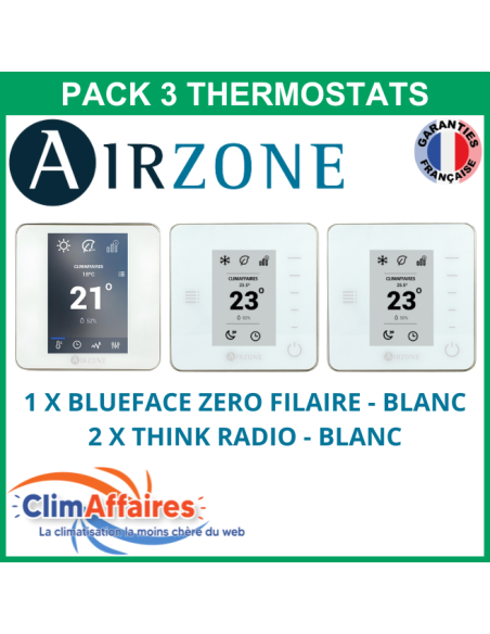 Airzone - Pack 3 Thermostats - 1 x Blueface Zero Filaire + 2 x Think Radio - Blanc (PTBTR3B)