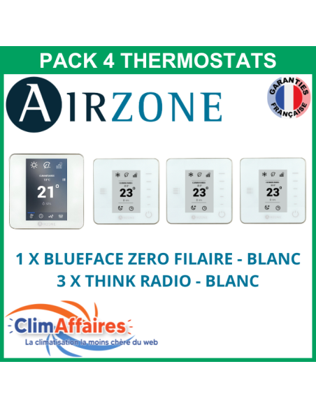 Airzone - Pack 4 Thermostats - 1 x Blueface Zero Filaire + 3 x Think Radio - Blanc (PTBTR4B)