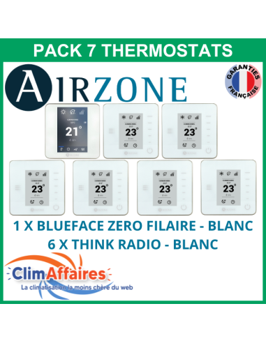 Airzone - Pack 7 Thermostats - 1 x Blueface Zero Filaire + 6 x Think Radio - Blanc (PTBTR7B)