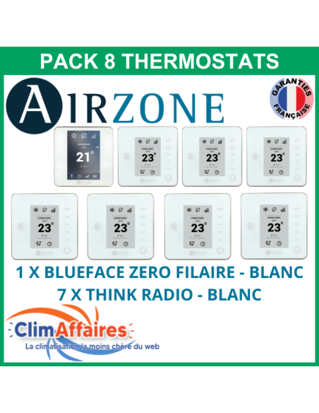 Airzone - Pack 8 Thermostats - 1 x Blueface Zero Filaire + 7 x Think Radio - Blanc (PTBTR8B)