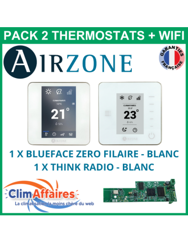 Airzone - Pack 2 Thermostats - 1 x Blueface Zero Filaire + 1 x Think Radio + Wifi - Blanc (PTBTR2BW)