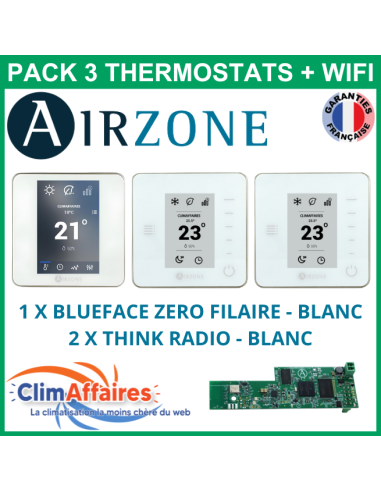 Airzone - Pack 3 Thermostats - 1 x Blueface Zero Filaire + 2 x Think Radio + Wifi - Blanc (PTBTR3BW)