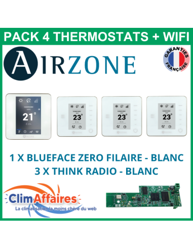 Airzone - Pack 4 Thermostats - 1 x Blueface Zero Filaire + 3 x Think Radio + Wifi - Blanc (PTBTR4BW)