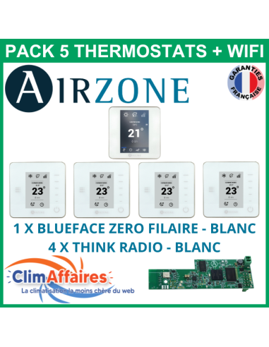 Airzone - Pack 5 Thermostats - 1 x Blueface Zero Filaire + 4 x Think Radio + Wifi - Blanc (PTBTR5BW)