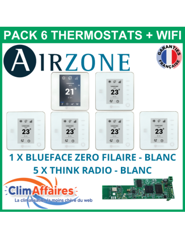 Airzone - Pack 6 Thermostats - 1 x Blueface Zero Filaire + 5 x Think Radio + Wifi - Blanc (PTBTR6BW)