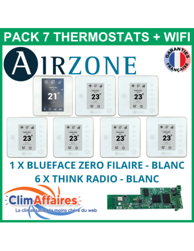 Airzone - Pack 7 Thermostats - 1 x Blueface Zero Filaire + 6 x Think Radio + Wifi - Blanc (PTBTR7BW)