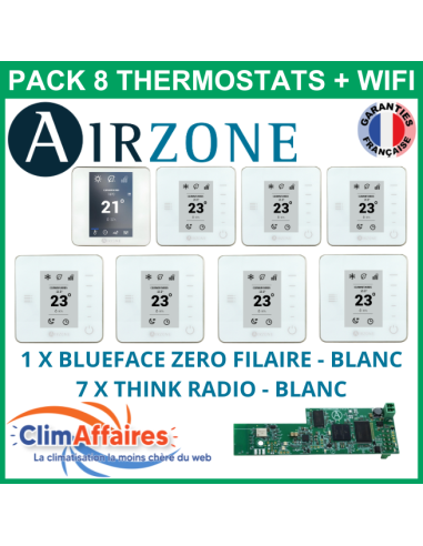 Airzone - Pack 8 Thermostats - 1 x Blueface Zero Filaire + 7 x Think Radio + Wifi - Blanc (PTBTR8BW)