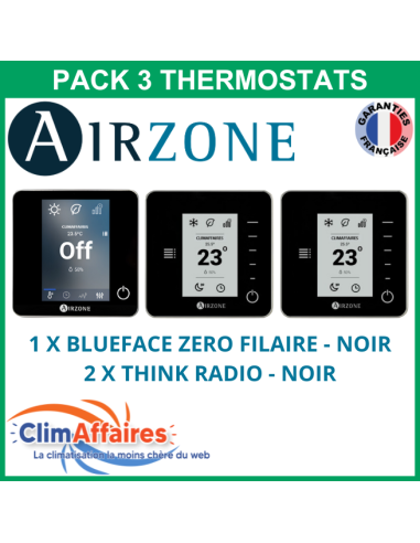 Airzone - Pack 3 Thermostats - 1 x Blueface Zero Filaire + 2 x Think Radio - Noir (PTBTR3N)