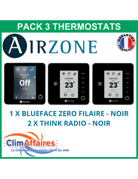 Airzone - Pack 3 Thermostats - 1 x Blueface Zero Filaire + 2 x Think Radio - Noir (PTBTR3N)