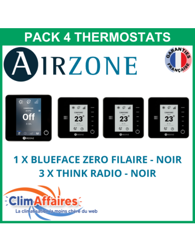 Airzone - Pack 4 Thermostats - 1 x Blueface Zero Filaire + 3 x Think Radio - Noir (PTBTR4N)