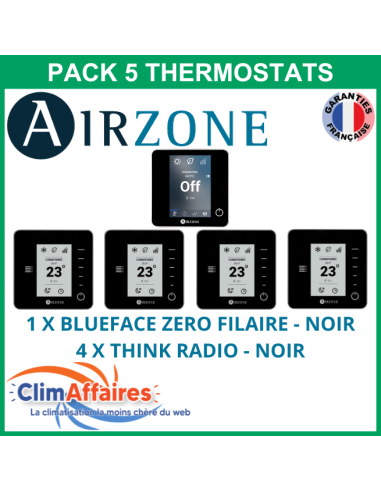 Airzone - Pack 5 Thermostats - 1 x Blueface Zero Filaire + 4 x Think Radio - Noir (PTBTR5N)