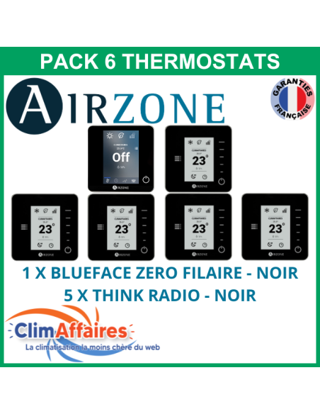 Airzone - Pack 6 Thermostats - 1 x Blueface Zero Filaire + 5 x Think Radio - Noir (PTBTR6N)